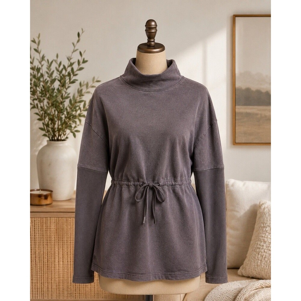 Athleta Women's Gray Cotton Mock Neck Drawstring Pullover Top Size S
